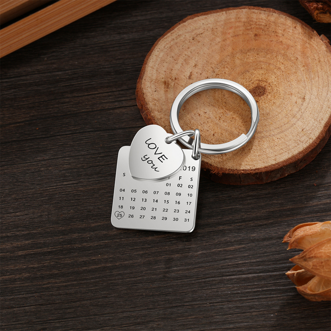 Personalized Calendar Photo Keychain with Engraved Heart - Custom Date Square Pendant Keyring - Herzschmuck