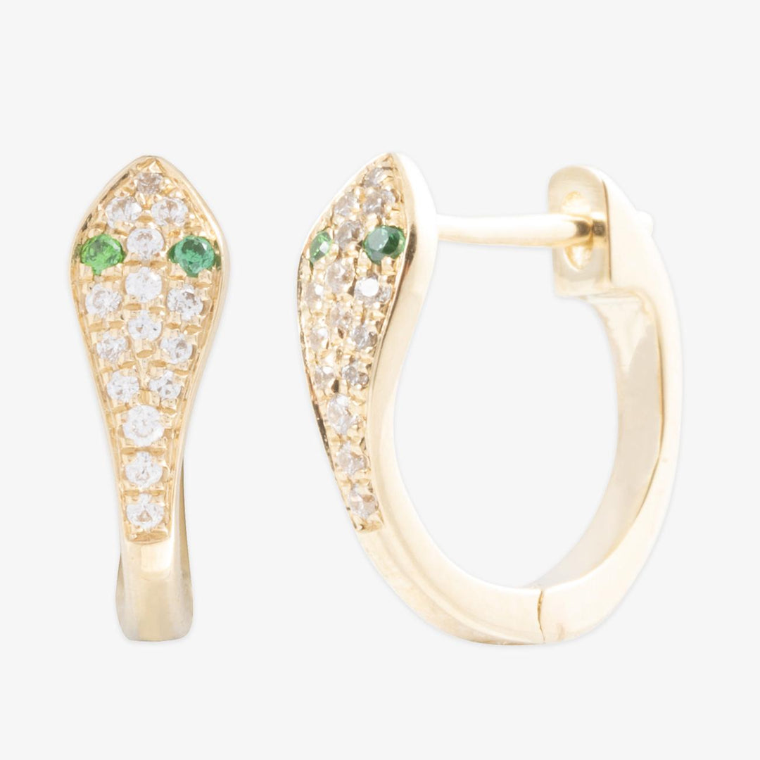 18K Solid Gold Diamond Snake Earrings | 0.1ct SI H-I Diamonds & 0.04ct Emeralds