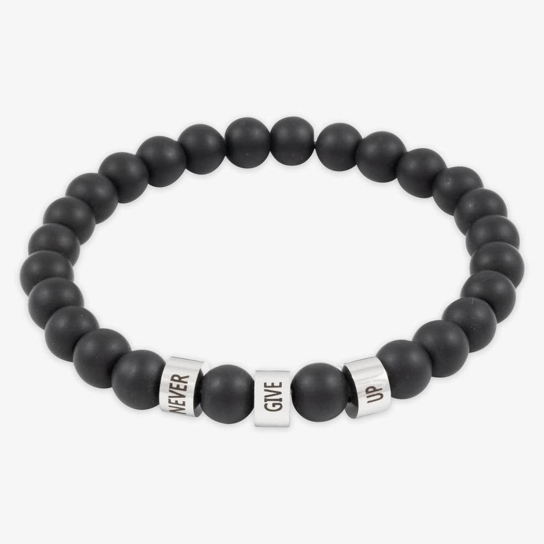 Matte & Glossy Black Beaded Bracelet with Three Engravable Stainless Steel Rings - Herzschmuck