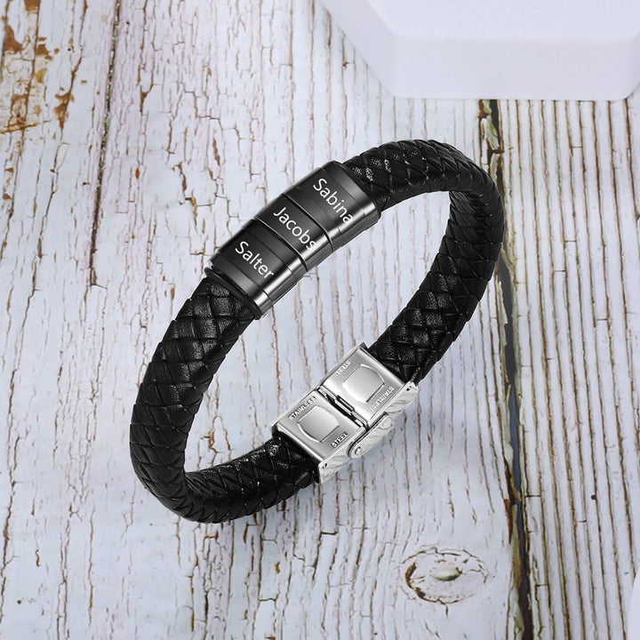 Customizable Men's Leather Bracelet with 3 Engravings - Herzschmuck