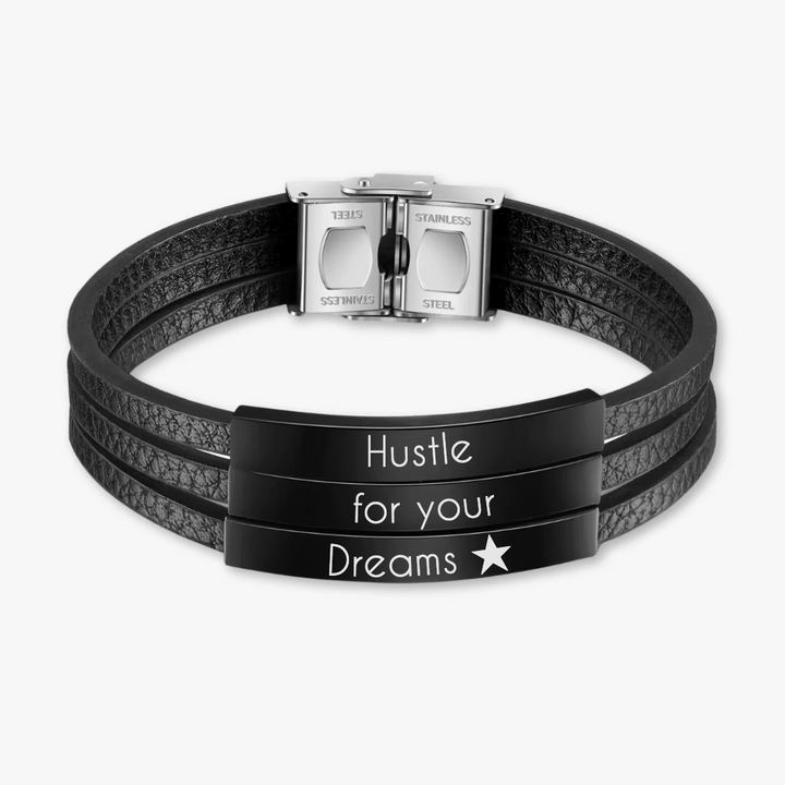 Customizable black leather bracelet with three engravings - Herzschmuck