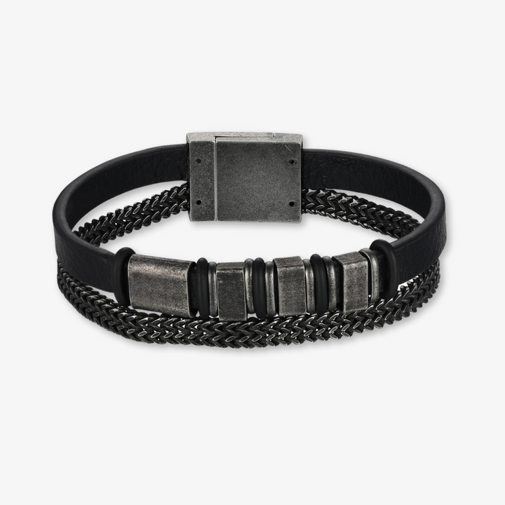 Personalized Black Leather Bracelet with Stainless Steel Chain and Four Engravings - Herzschmuck