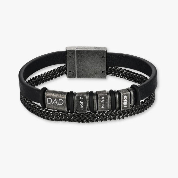 Personalized Black Leather Bracelet with Stainless Steel Chain and Four Engravings - Herzschmuck