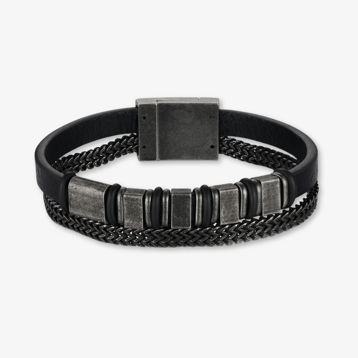 Personalized Black Leather Bracelet with Stainless Steel Chain and Five Engravings - Herzschmuck