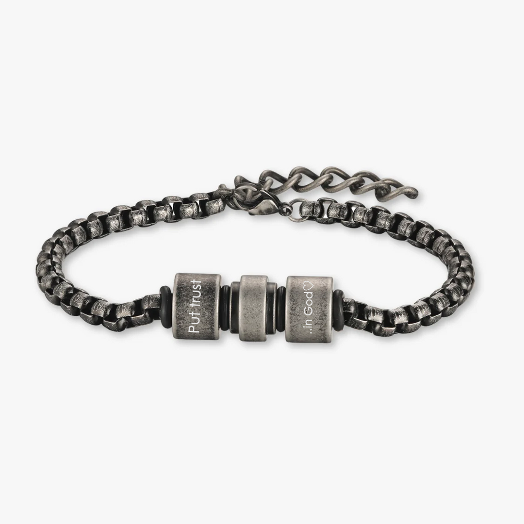 Greyish Vintage Engraved Stainless Steel Bracelet with Two Engravings - Herzschmuck