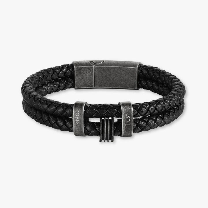 Personalized Black Braided Leather Bracelet with Dark Grey Stainless Steel Rings - Herzschmuck