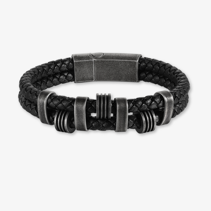 Personalized Black Braided Leather Bracelet with Dark Grey Stainless Steel Rings - Herzschmuck