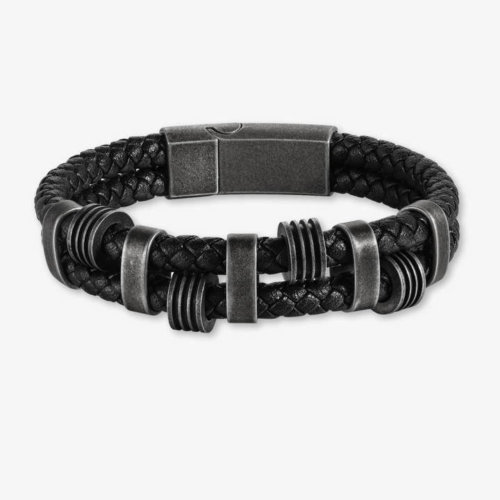 Personalized Black Braided Leather Bracelet with Dark Grey Stainless Steel Rings with 5 engravings - Herzschmuck