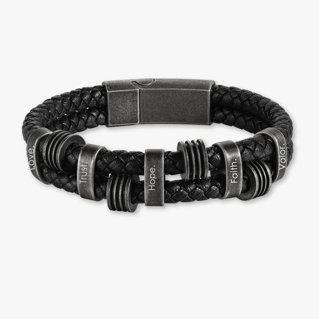 Personalized Black Braided Leather Bracelet with Dark Grey Stainless Steel Rings with 5 engravings - Herzschmuck