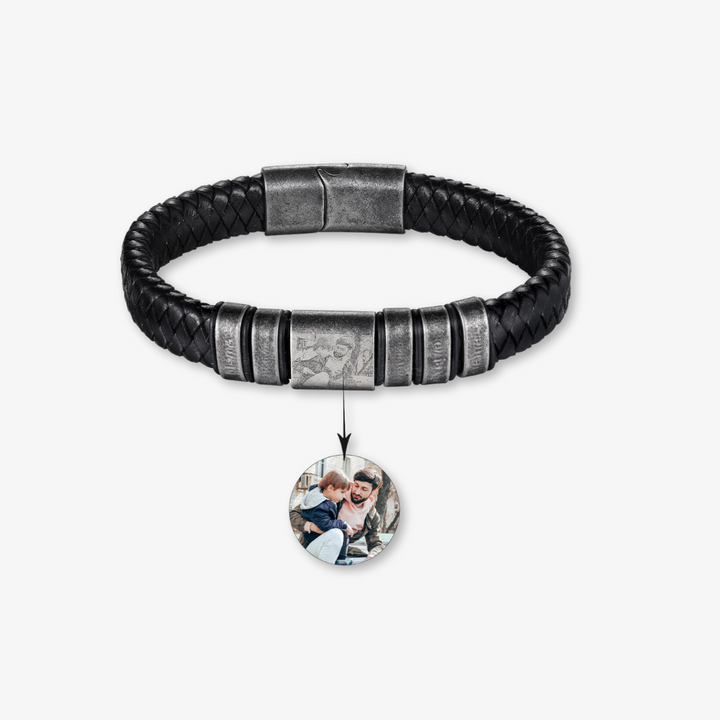 Black Leather Bracelet with Five Engravings and Photo Personalization - Herzschmuck