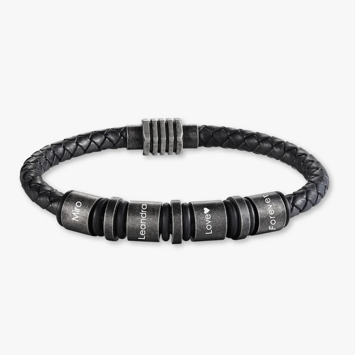 Simple Vintage Black Braided Leather Bracelet with 4 Engraving Rings - Herzschmuck