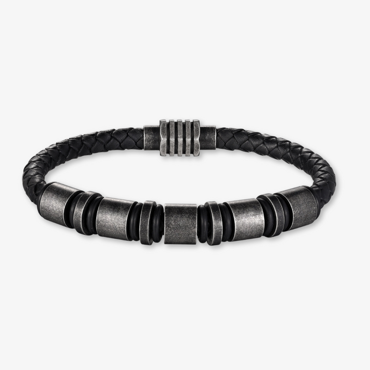 Simple Vintage Black Braided Leather Bracelet with 5 Engraving Rings - Herzschmuck