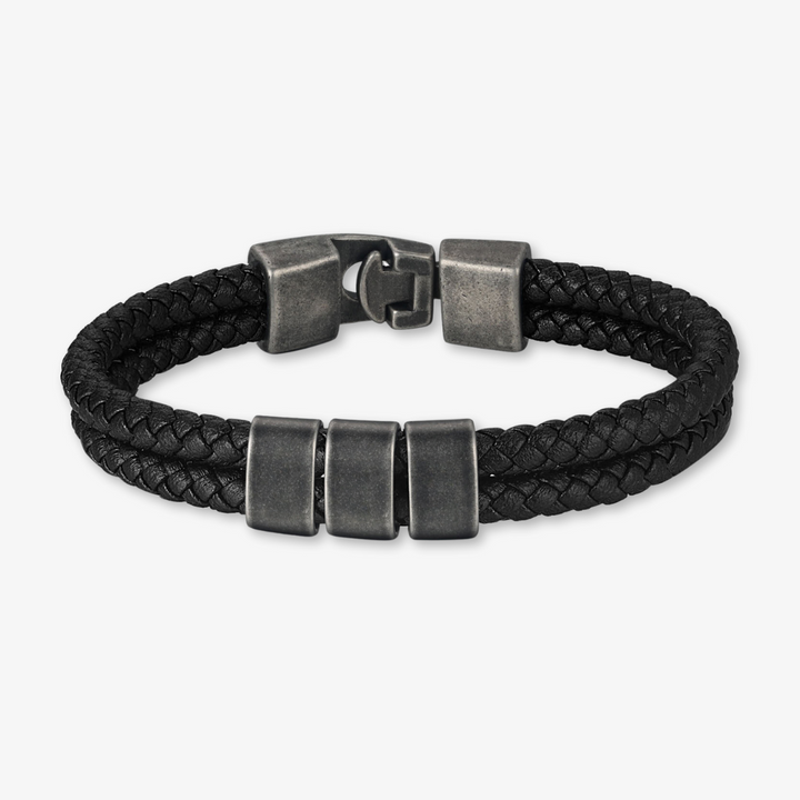 Unique Black Double-Braided Leather Bracelet with 3 Engravings - Herzschmuck