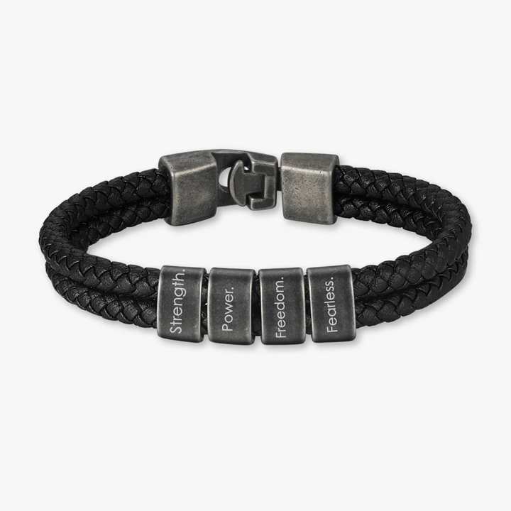 Unique Black Double-Braided Leather Bracelet with 4 Engravings - Herzschmuck