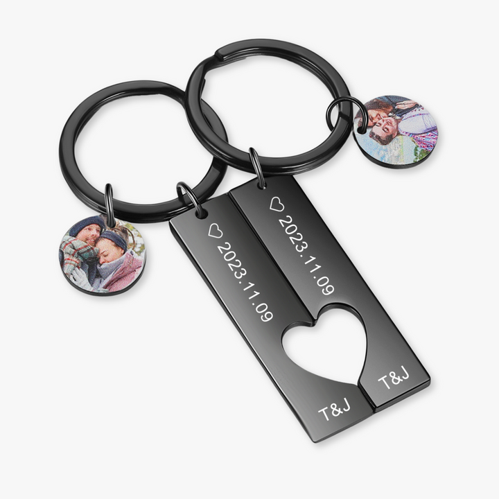 Custom Photo Keychain Set with Engraved Stainless Steel Heart Bars - Personalized Couple's Gift - Herzschmuck