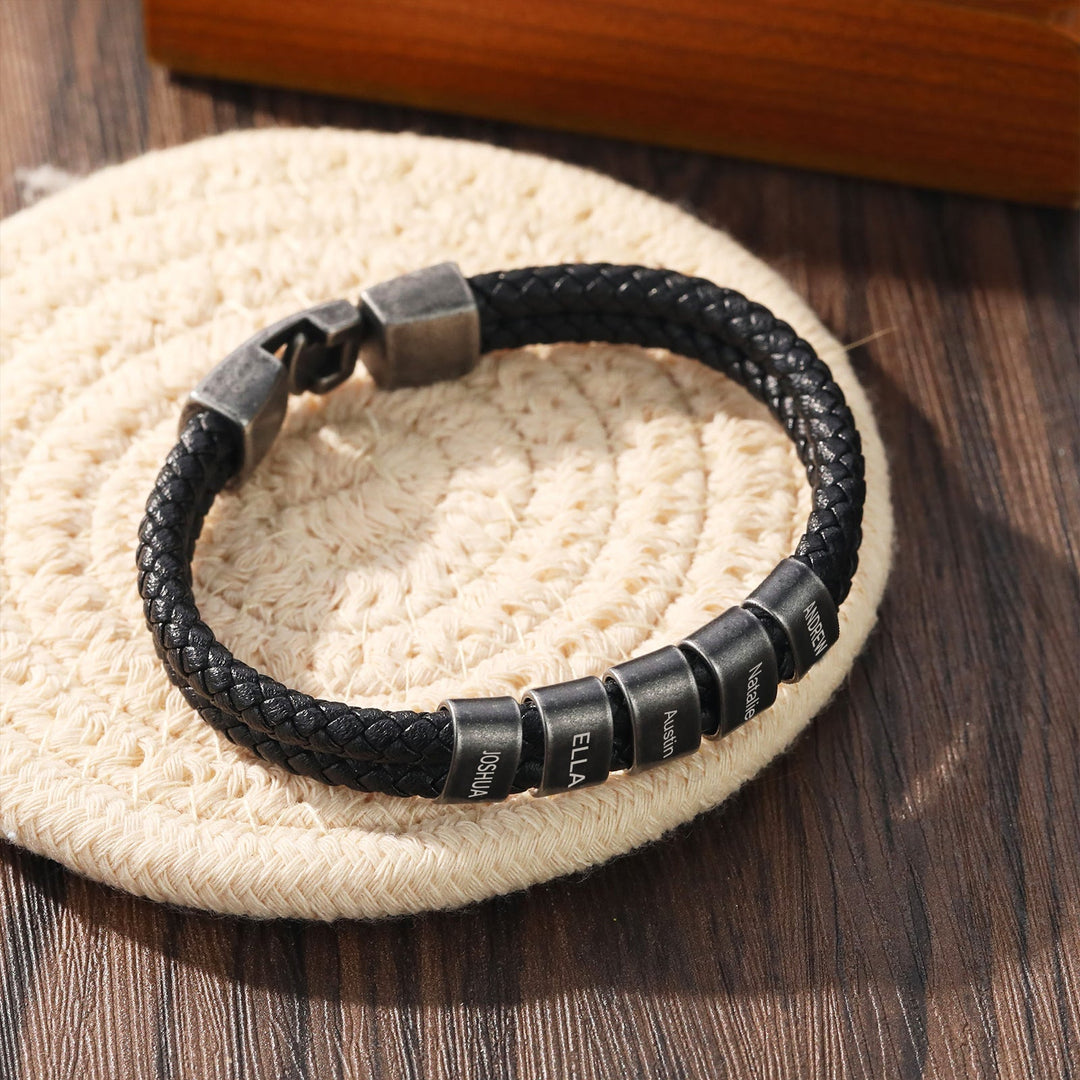 Unique Black Double-Braided Leather Bracelet with 2 Engravings - Herzschmuck