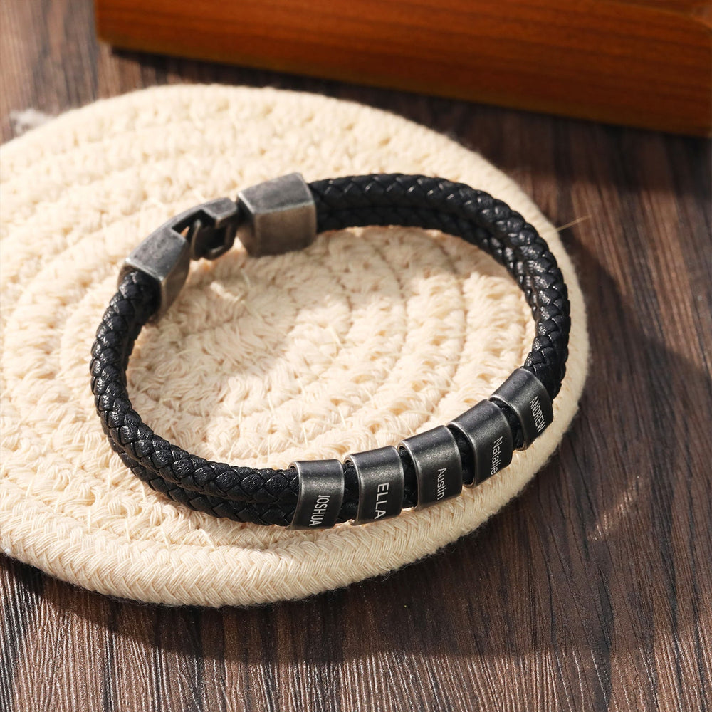 Unique Black Double-Braided Leather Bracelet with 3 Engravings - Herzschmuck