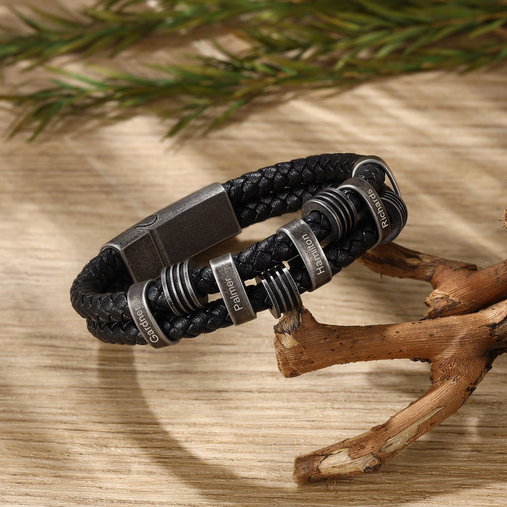 Personalized Black Braided Leather Bracelet with Dark Grey Stainless Steel Rings - Herzschmuck