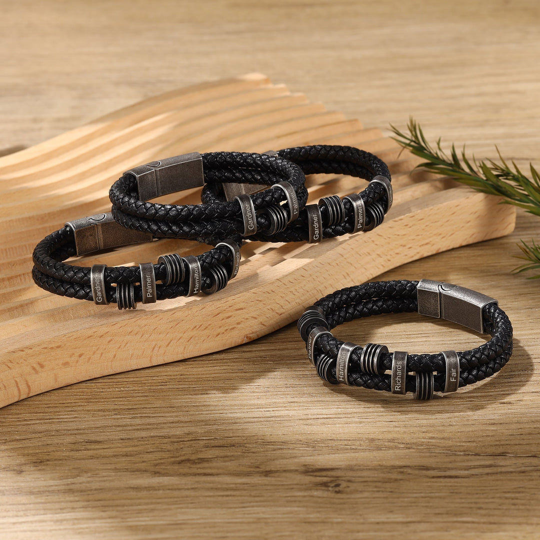 Personalized Black Braided Leather Bracelet with Dark Grey Stainless Steel Rings - Herzschmuck