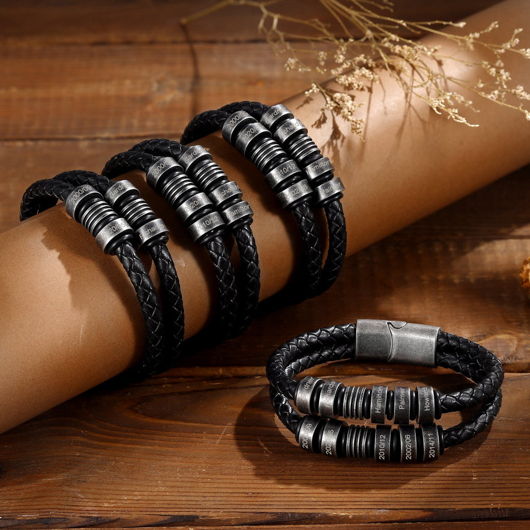 Black Braided Leather Bracelet with Ten Custom Engraving Options - Herzschmuck