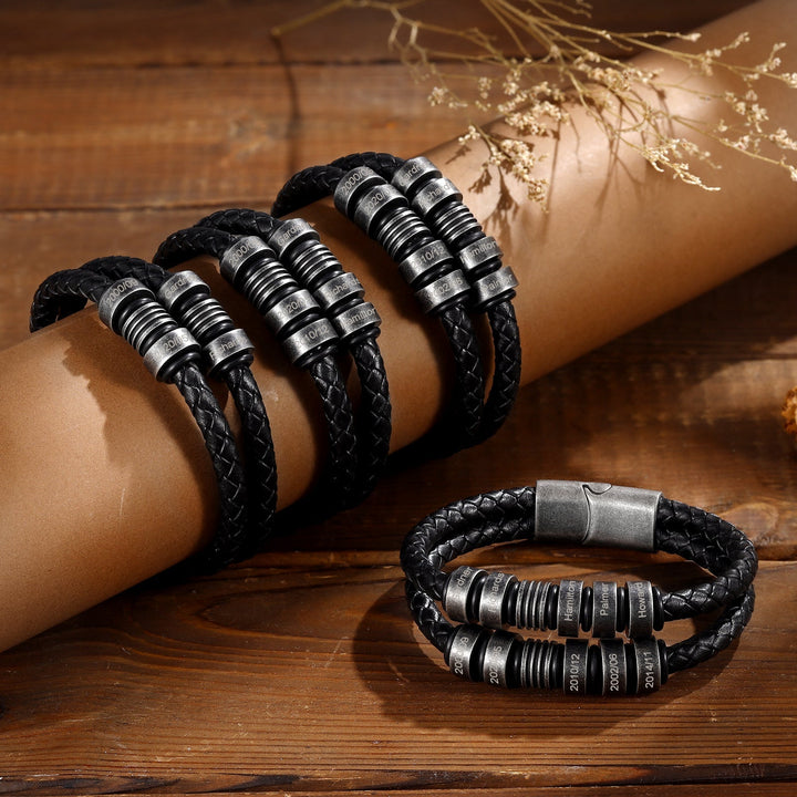 Versatile Black Braided Leather Bracelet with Eight Engraving Options - Herzschmuck