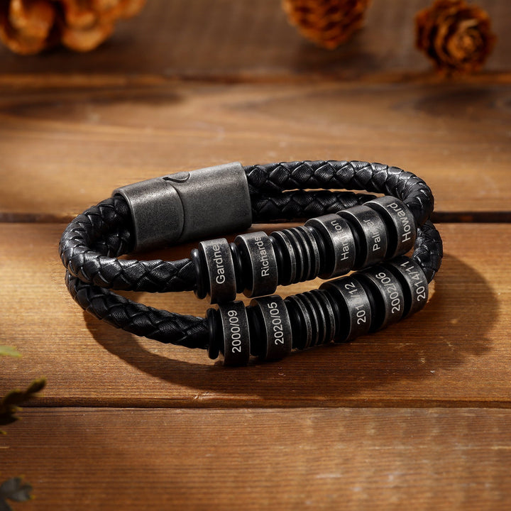 Black Braided Leather Bracelet with Six Engraving Options - Herzschmuck