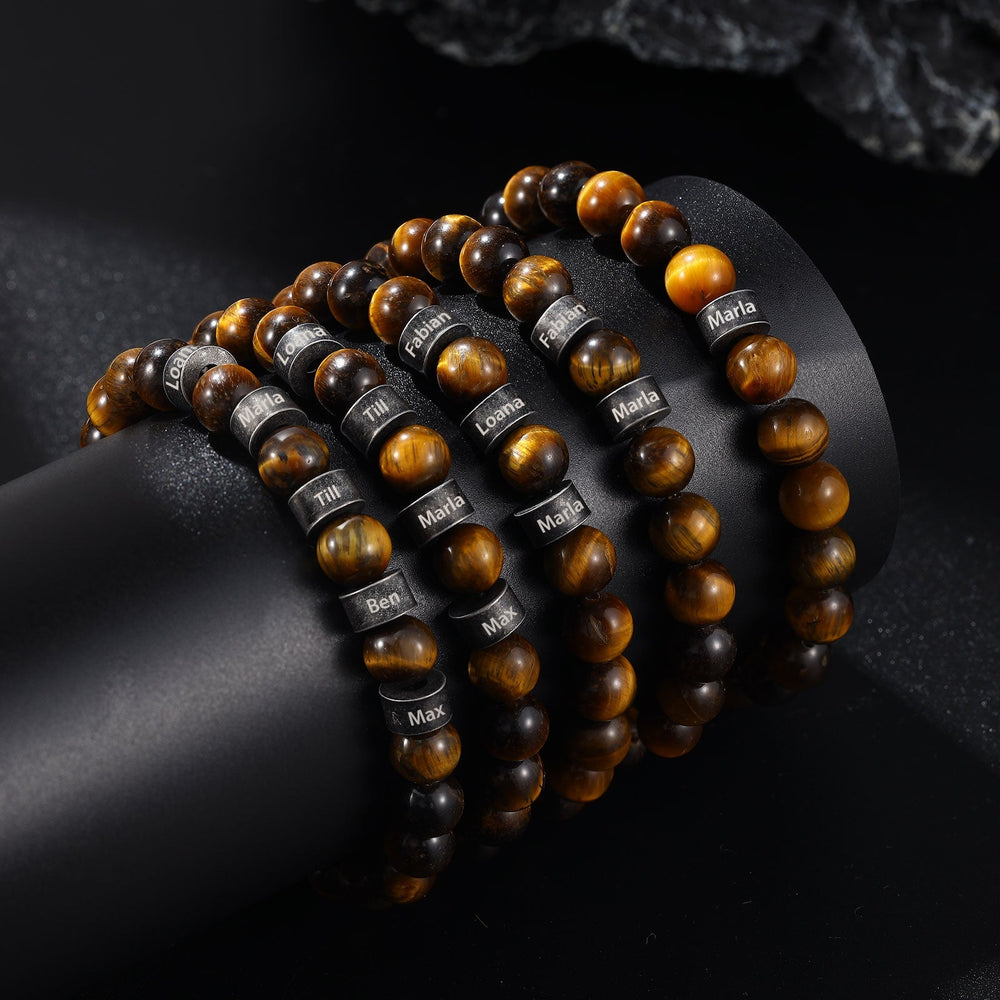 Elegant Beaded Bracelet in Light and Dark Brown with Four Engravings - Herzschmuck