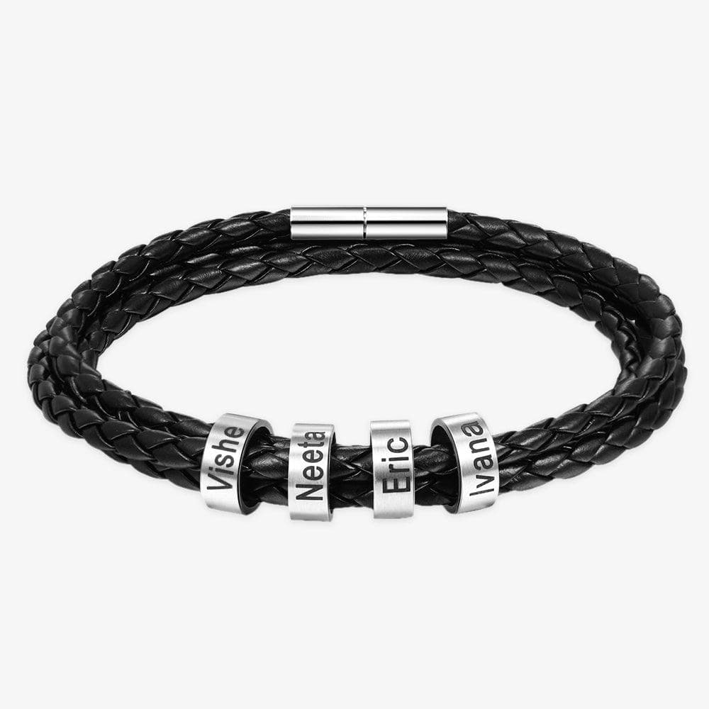 Men's Quad Engraved Rings Leather Bracelet - Herzschmuck