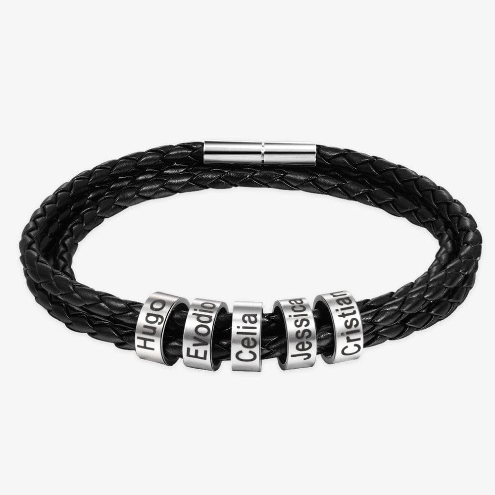 Men's Quintet Engraved Rings Leather Bracelet - Herzschmuck