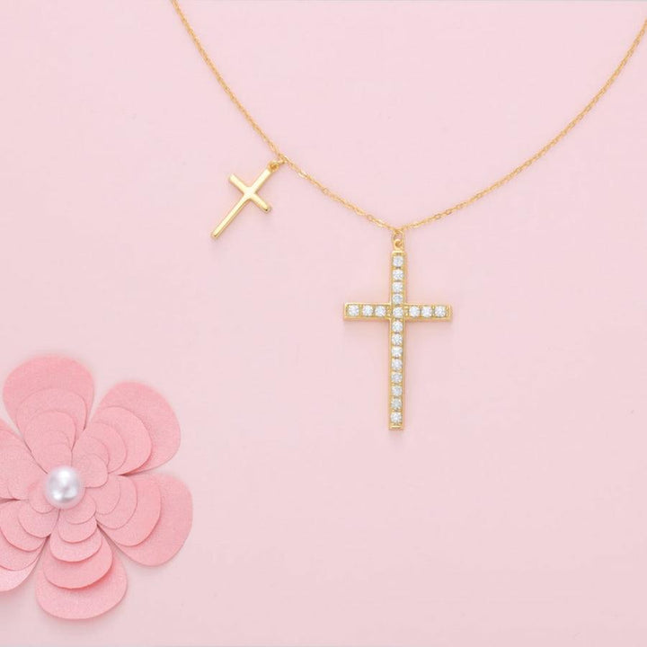 Dual Cross Elegance Necklace with Zirconia Accents - Herzschmuck