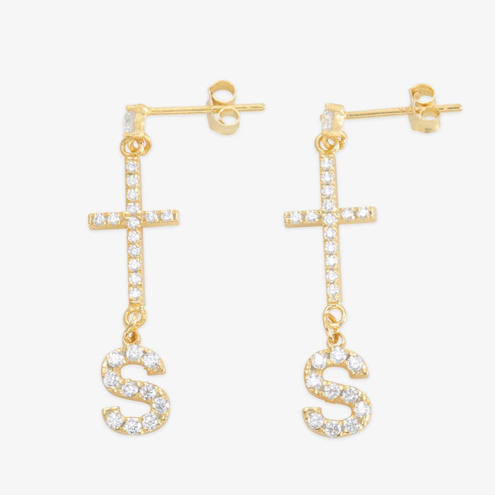 Personalized Cross & Initial Crystal Earrings - Herzschmuck